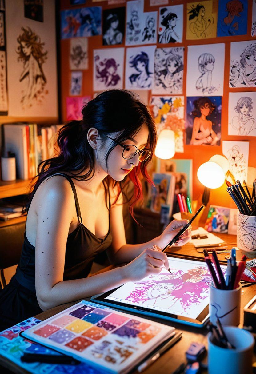 A behind-the-scenes studio scene showing an artist passionately creating erotic anime illustrations. The setting includes drawing tablets, vibrant sketches pinned on the walls, and mood lighting casting a warm glow. Capture the intensity and creativity with close-up shots of the artist's hands at work, surrounded by colorful art supplies. Add elements that symbolize inspiration, such as a vision board and anime figurines. 3D effect. vibrant colors. soft focus.