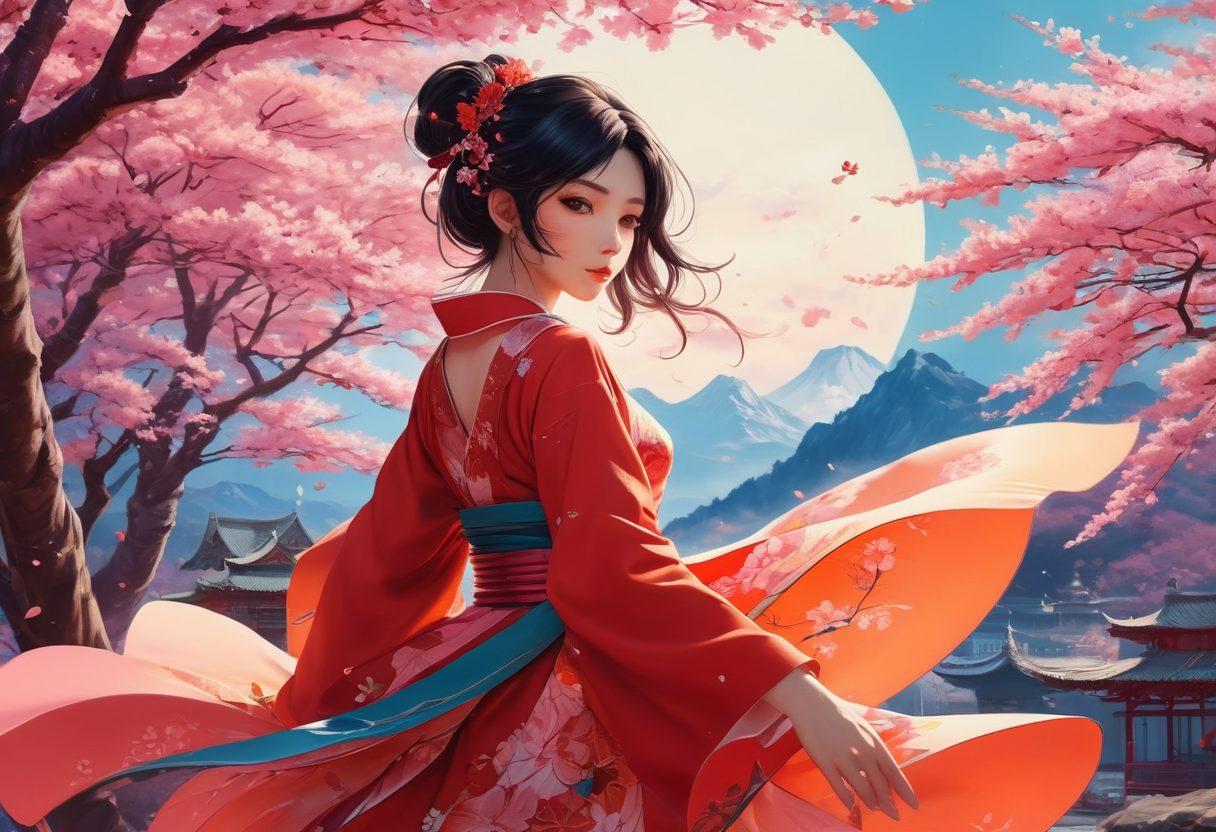 A captivating collage blending elements of erotic anime and adult graphics, featuring vibrant characters in dynamic poses surrounded by whimsical backgrounds. Include subtle hints of sensuality with soft lighting and flowing lines, alongside iconic motifs such as cherry blossoms and abstract shapes that suggest allure. The color palette should be bold and enticing, creating an aura of exploration and temptation. anime style, vibrant colors, fantasy elements.